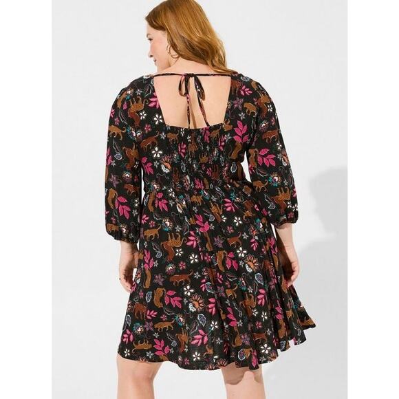 TORRID Twist Front Babydoll Dress Leopard Floral Botanical Print Size 00 (M/10) - Picture 4 of 10